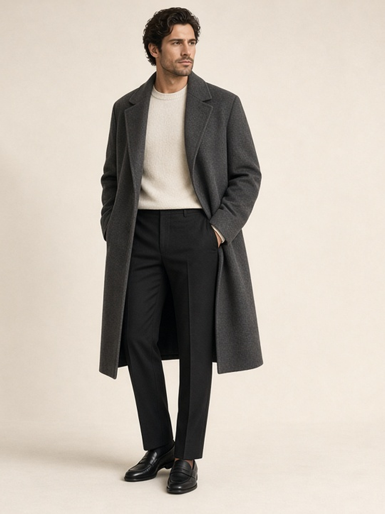 Men's charcoal overcoat outfit — charcoal overcoat, ivory crewneck, black dress trousers