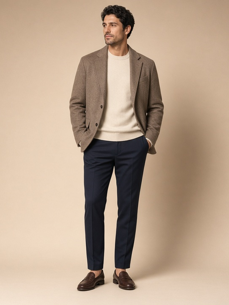 Men's soft taupe outfit — taupe blazer, cream crewneck, navy trousers