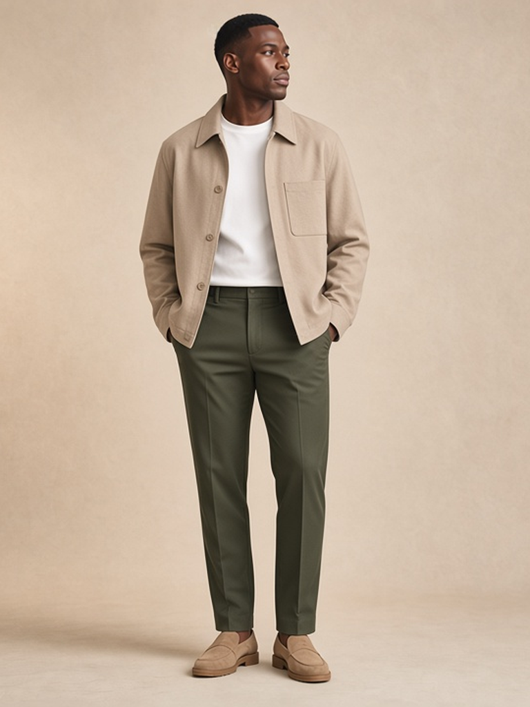 Men's soft chore outfit: beige cotton chore, white tee, olive trousers, tan desert boots