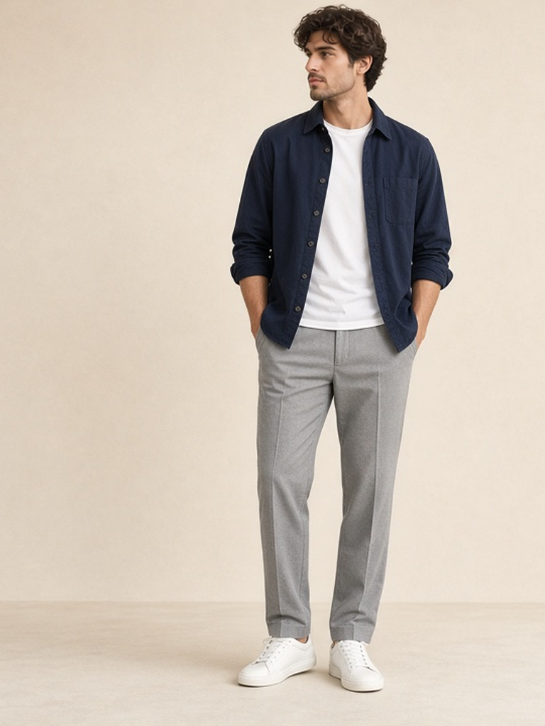 Men's navy overshirt outfit — navy overshirt, white tee, light grey trousers