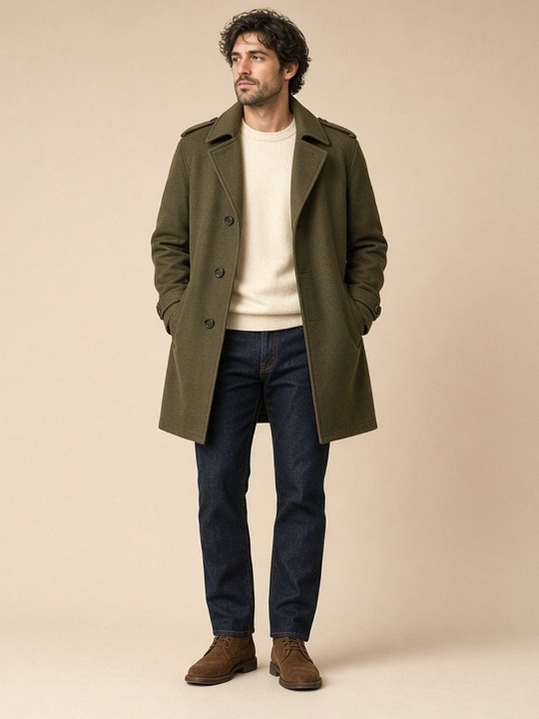 Men's olive coat outfit: olive wool overcoat, cream crewneck, dark indigo jeans, brown suede desert boots