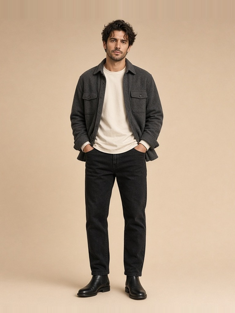 Men's charcoal overshirt outfit: charcoal wool overshirt, cream heavyweight tee, black slim jeans, black leather boots