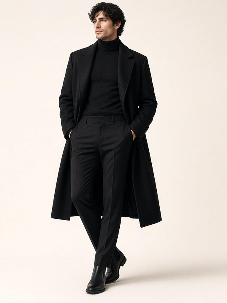 Men's all black outfit — long black overcoat, black turtleneck, black slim trousers