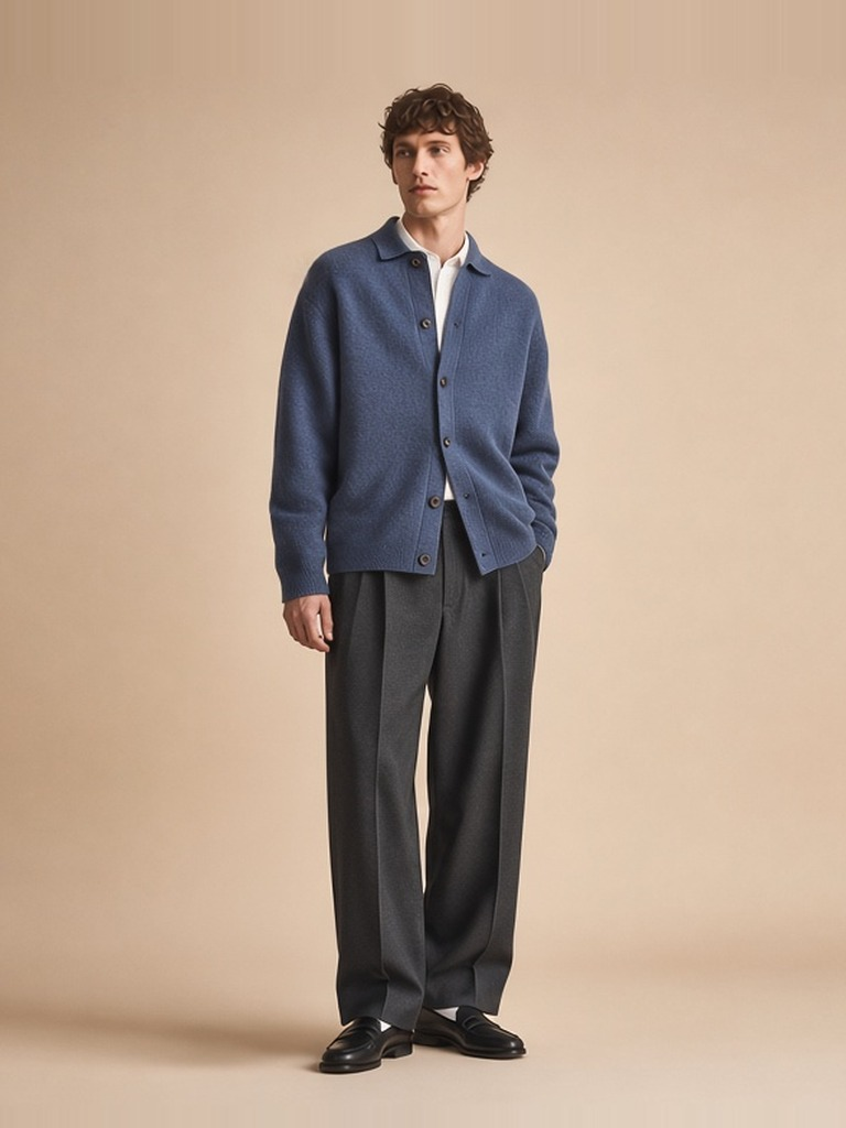 Men's blue knit cardigan outfit: oversized slate-blue cashmere-blend cardigan, white cotton shirt, wide charcoal pleated wool trousers, black leather loafers