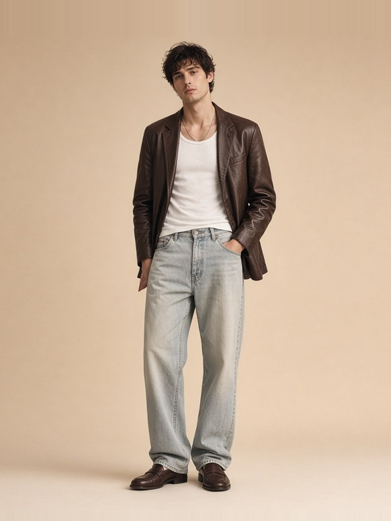 Men's brown leather blazer + light jeans outfit — dark brown leather blazer, white ribbed tank, relaxed light-wash straight jeans