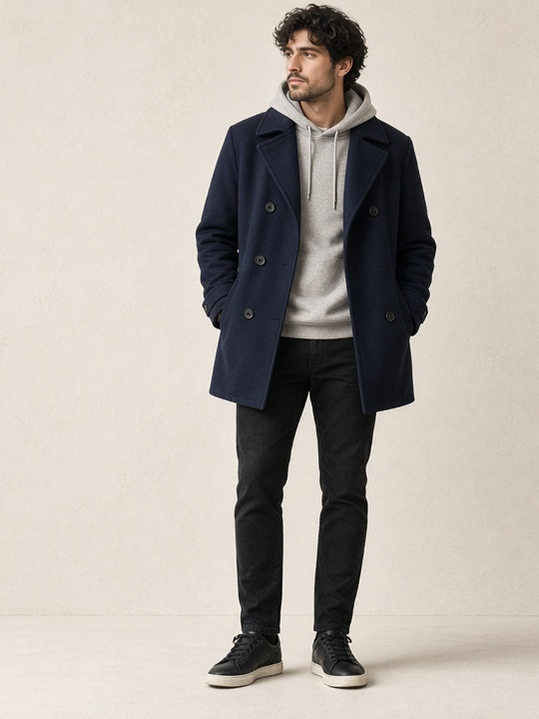 Men's navy peacoat outfit — navy peacoat, grey hoodie, black slim jean