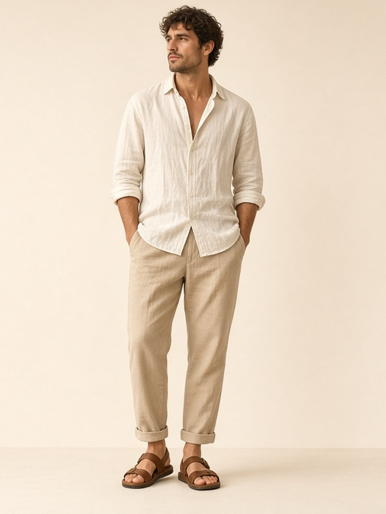 Men's cream linen outfit — cream linen shirt, sand chinos, brown leather sandals