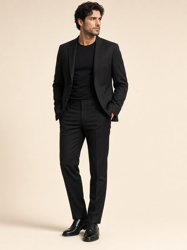 Men's black blazer outfit — black blazer, black tee, black trousers