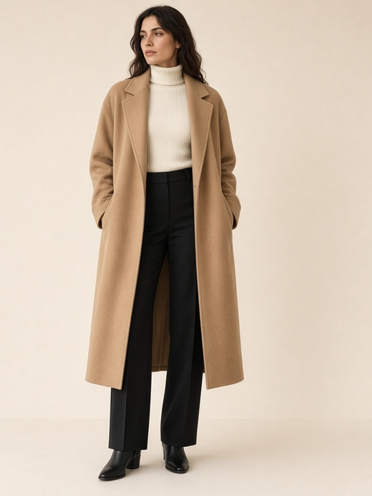 Women's camel coat outfit — camel wool coat, ivory turtleneck, black crease trousers