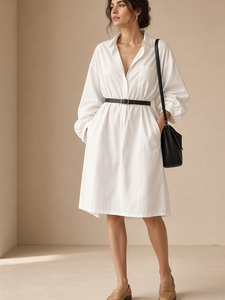 Women's soft shirt dress outfit — white shirt dress, skinny black belt, mini black shoulder