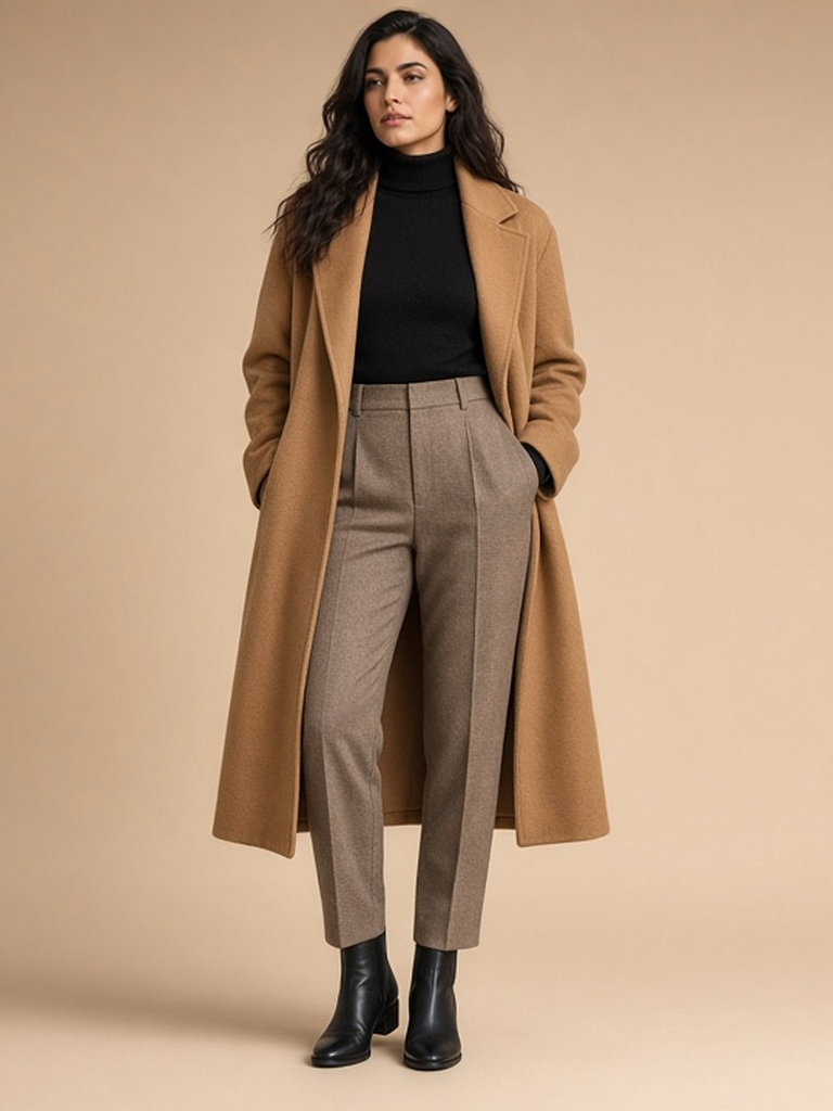 Women's camel layer outfit — camel wool coat, black merino turtleneck, taupe trousers