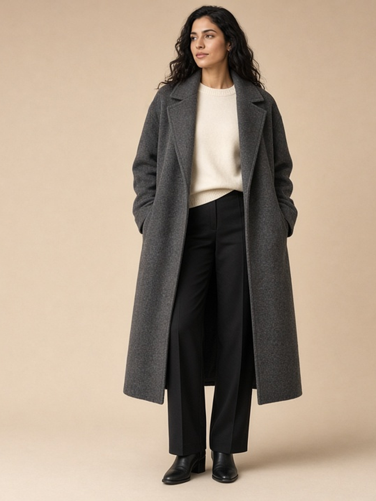 Women's charcoal coat outfit — charcoal wool coat, ivory merino crewneck, black trousers