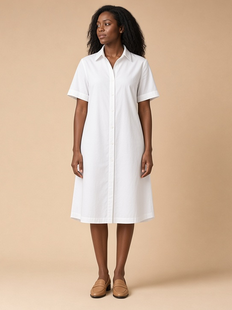 Women's white shirt dress outfit — white cotton shirt dress, tan leather loafers