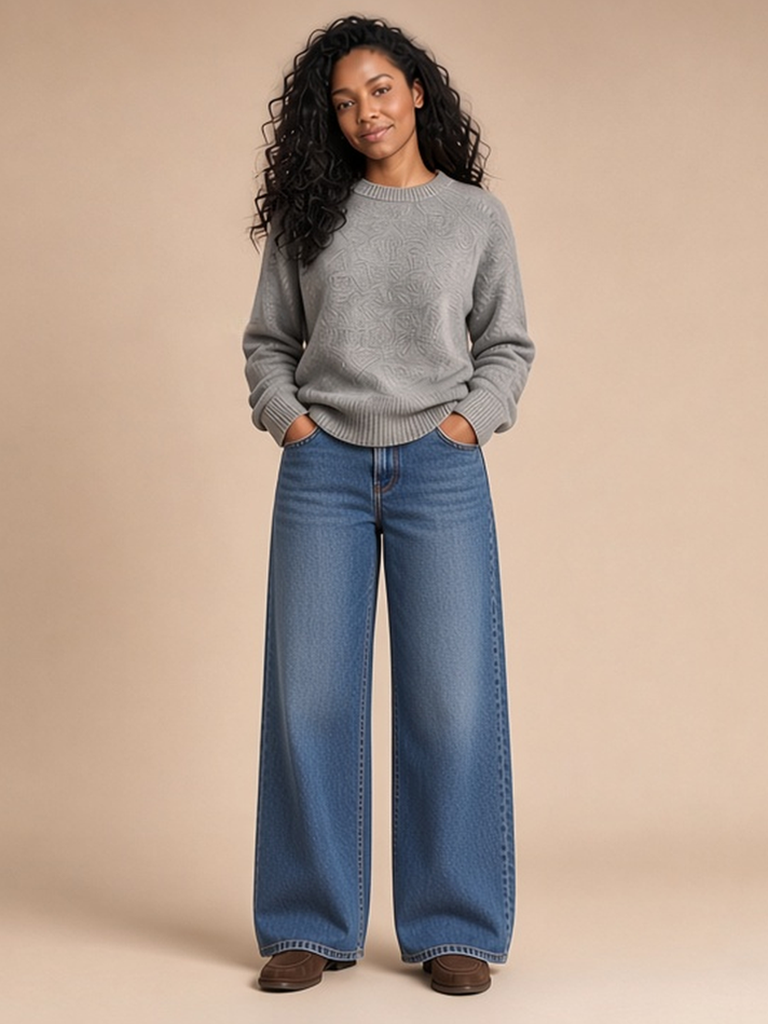 Women's soft grey outfit: heather grey cashmere crewneck, medium-blue wide jeans, dark brown suede loafers