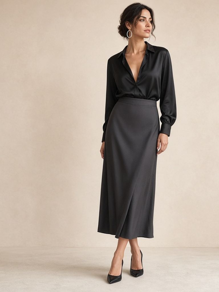Women's charcoal evening outfit — black silk blouse, charcoal midi skirt, black pointed pumps