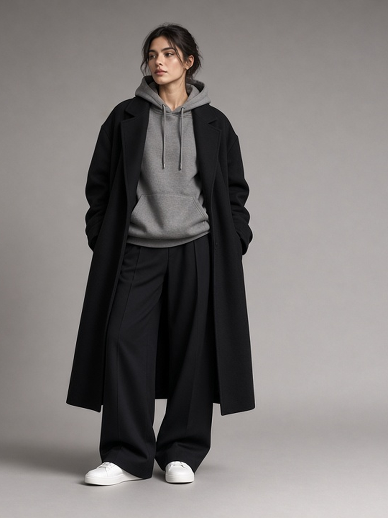 Women's street overcoat outfit — long black overcoat, heather grey hoodie, wide black trousers