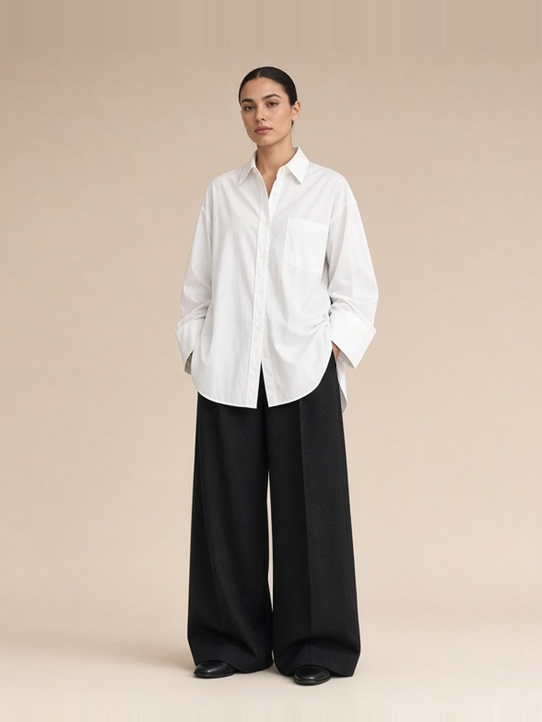 Women's white poplin shirt outfit: oversized white poplin shirt, black wide-leg wool trousers, black leather mules