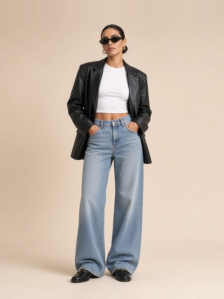 Leather blazer + baggy jeans