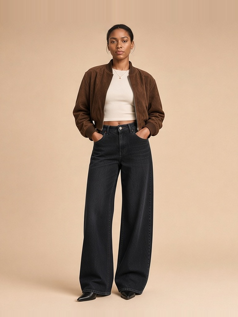 Women's suede bomber + black jeans outfit — cropped chocolate suede bomber, cream fitted crop knit, baggy washed-black wide jeans