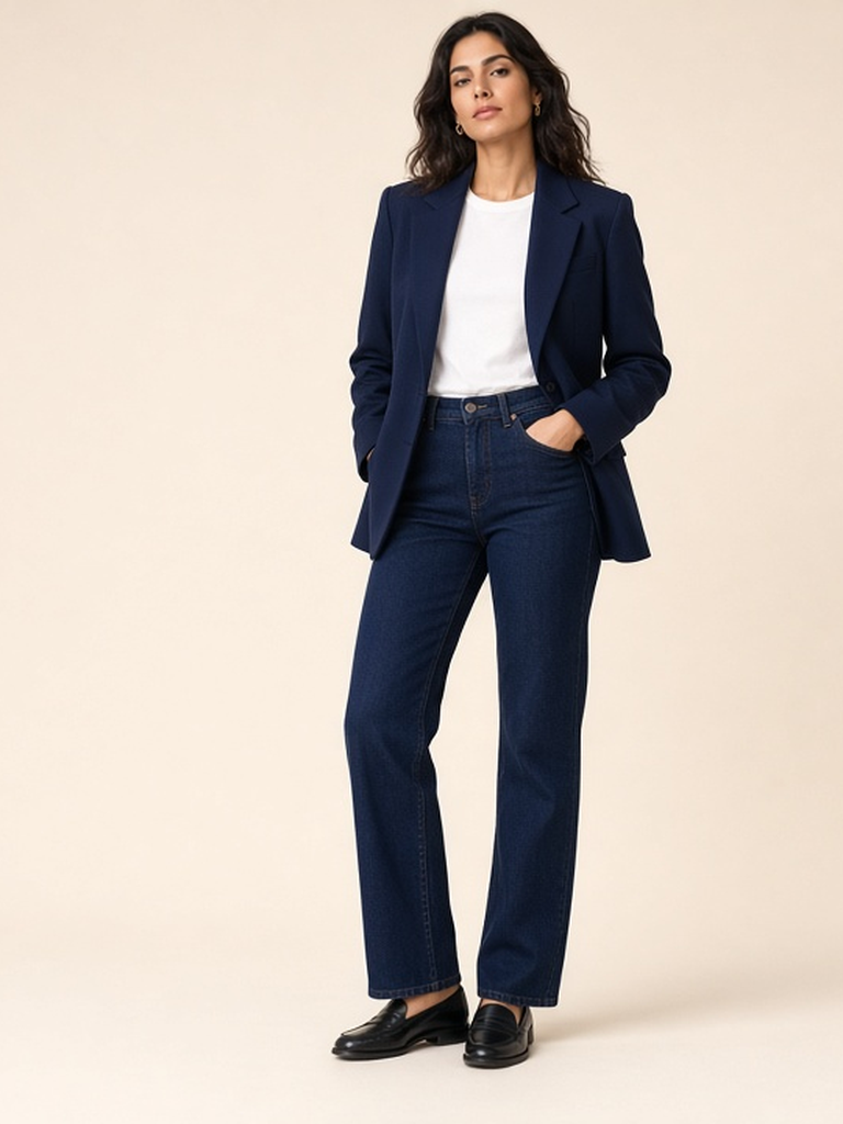 Women's navy blazer outfit — navy blazer, white tee, straight indigo jean