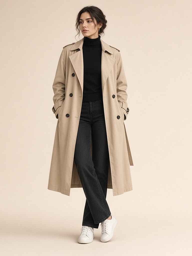 Women's soft trench outfit — beige trench coat, black turtleneck, dark straight jean