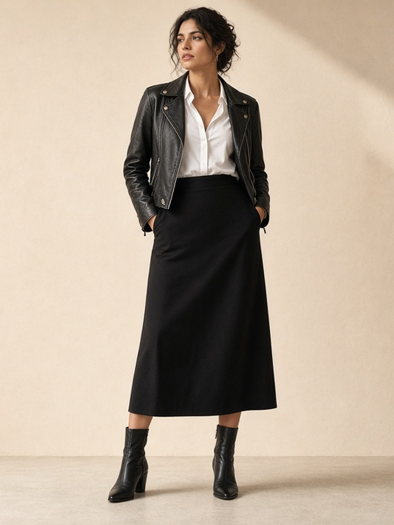 Women's leather midi outfit — black leather jacket, white button-down, black midi skirt