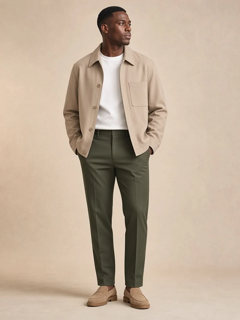 Beige cotton chore styled in the soft chore look