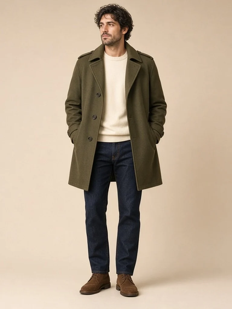 Men's olive coat outfit