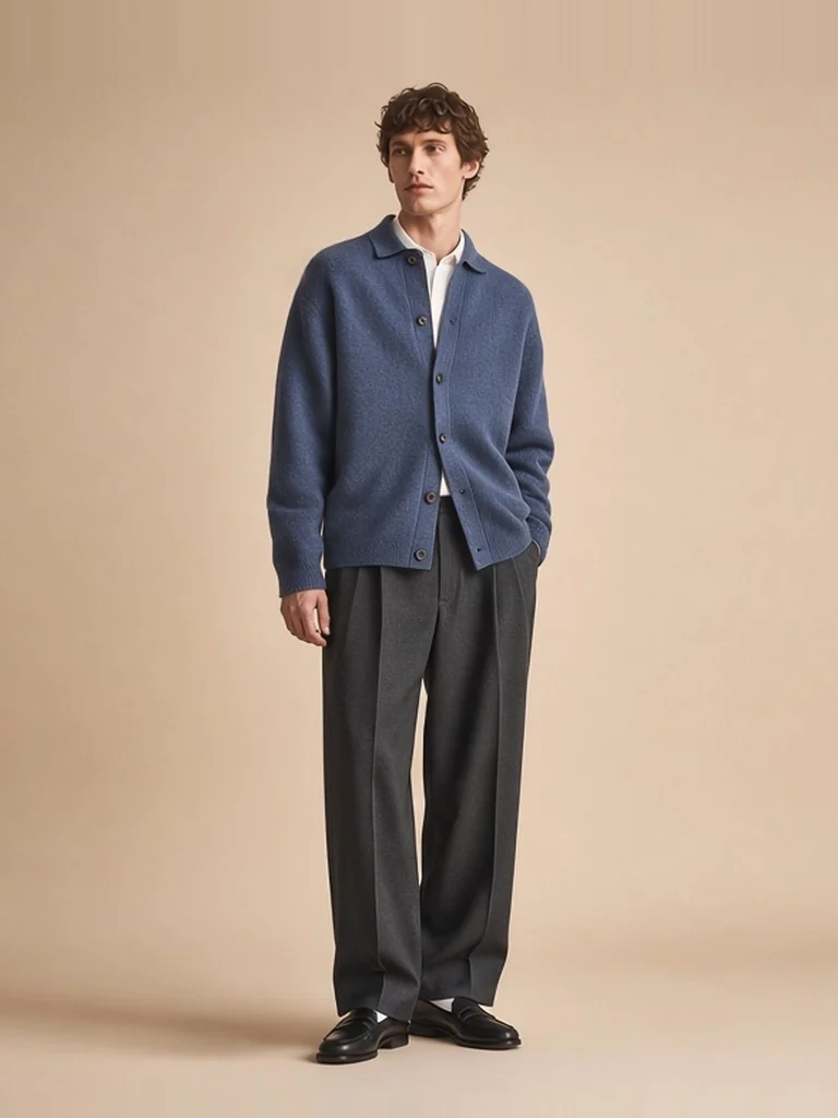 White cotton shirt styled in the blue knit cardigan look