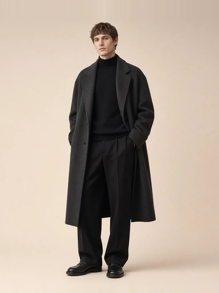 Men's charcoal coat + black tonal outfit