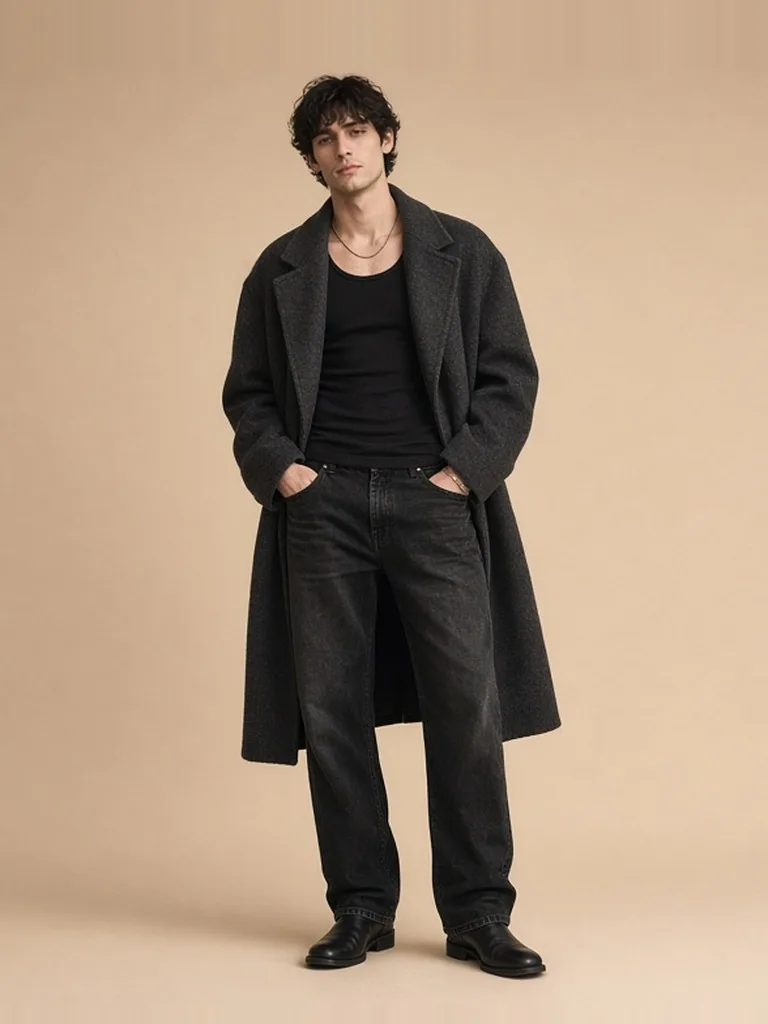 Men's charcoal overcoat + black denim outfit