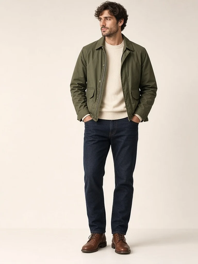 Cream sweater styled in the olive field look