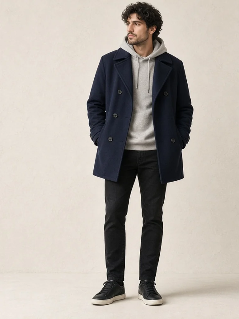 Men's navy peacoat outfit