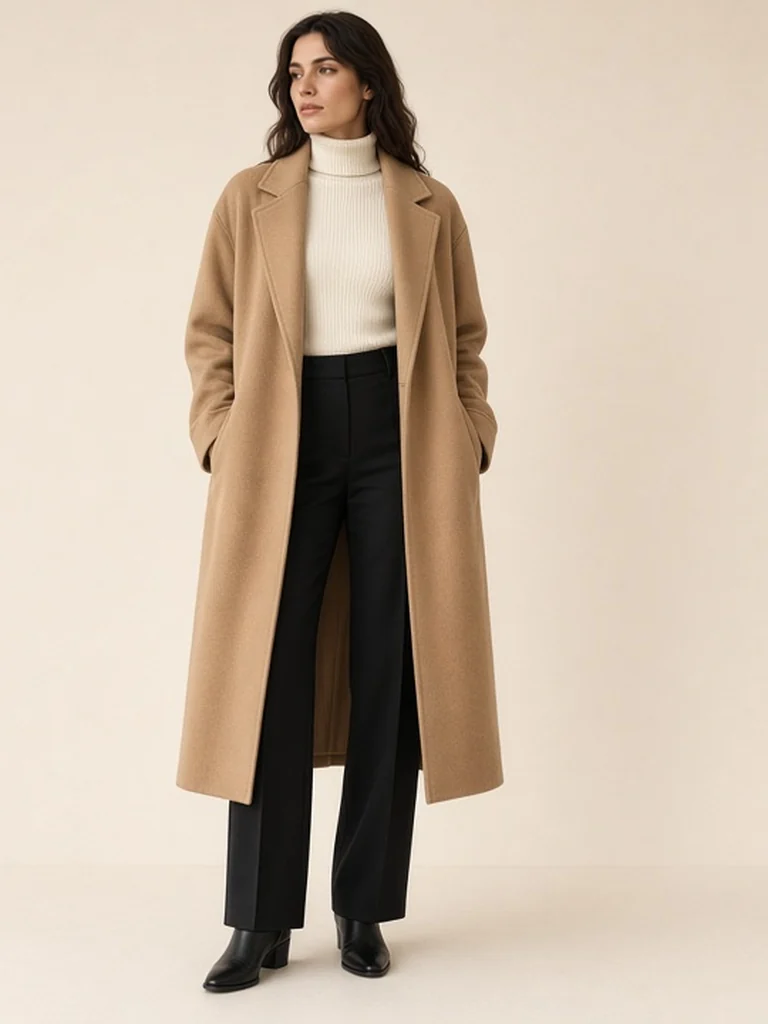 Women's camel coat outfit
