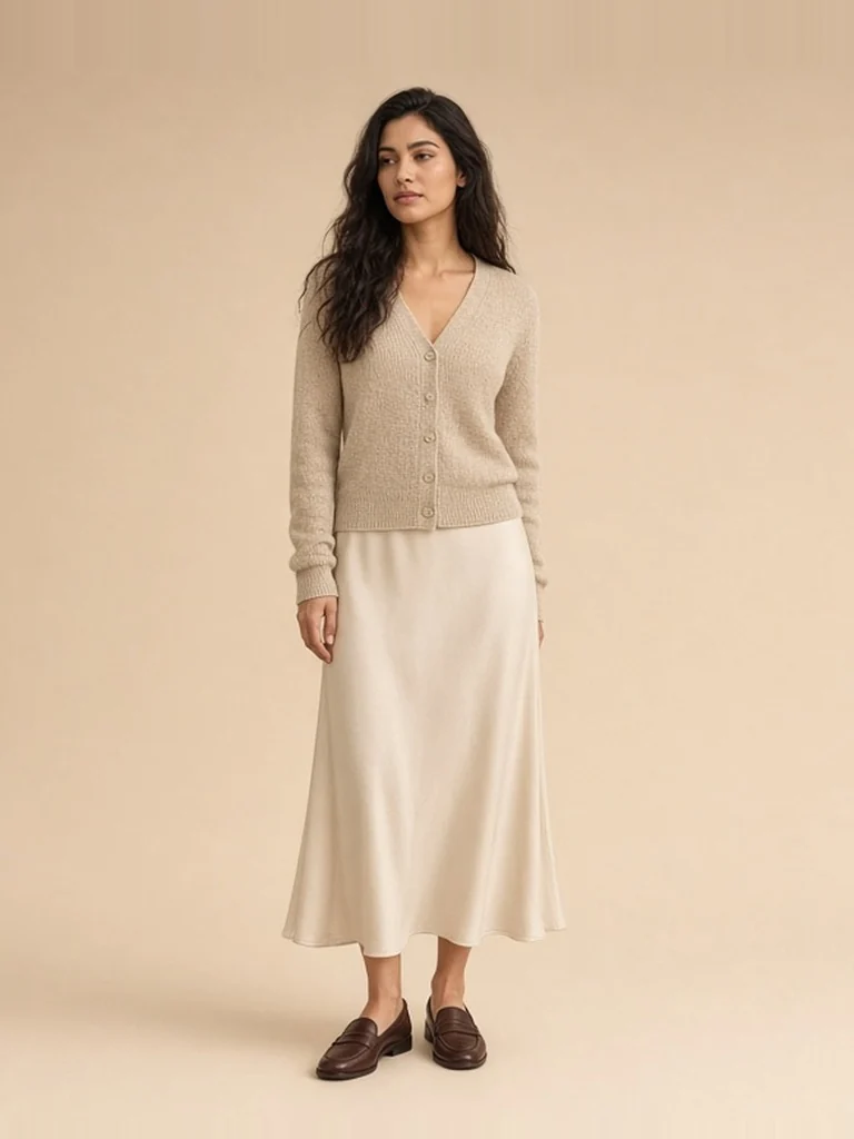 Oatmeal wool cardigan styled in the oatmeal cardigan look