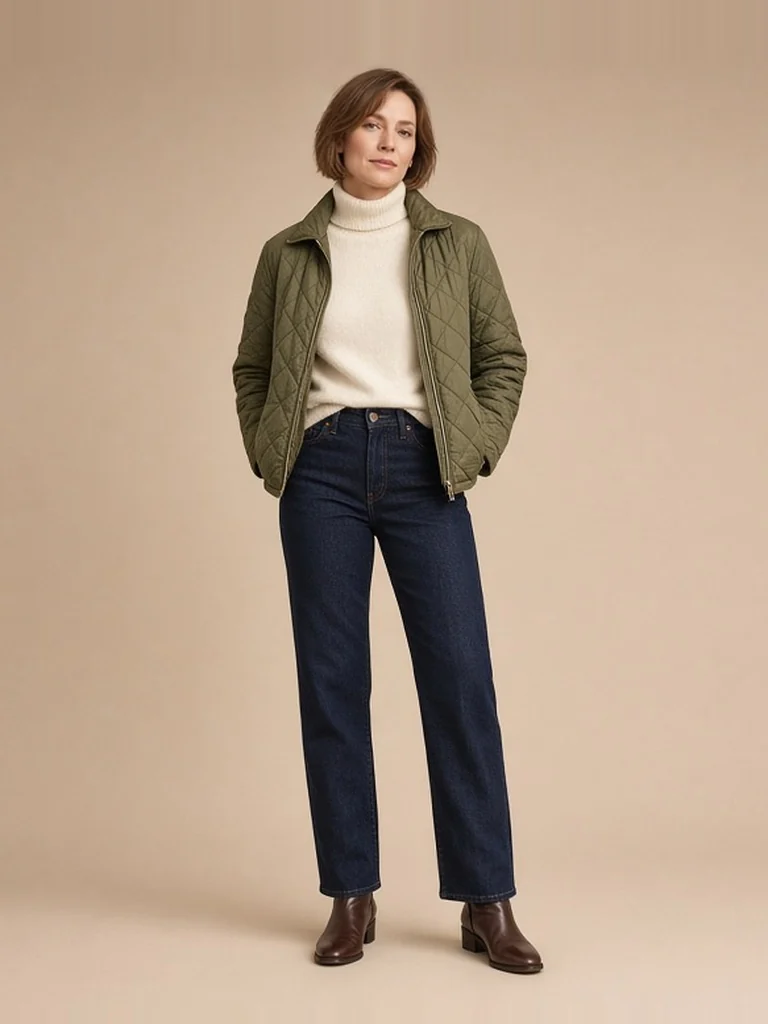 Women's olive quilted jacket outfit