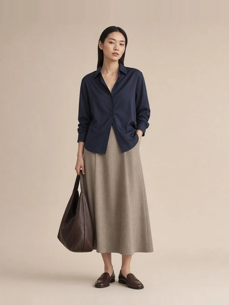 Women's navy silk shirt outfit