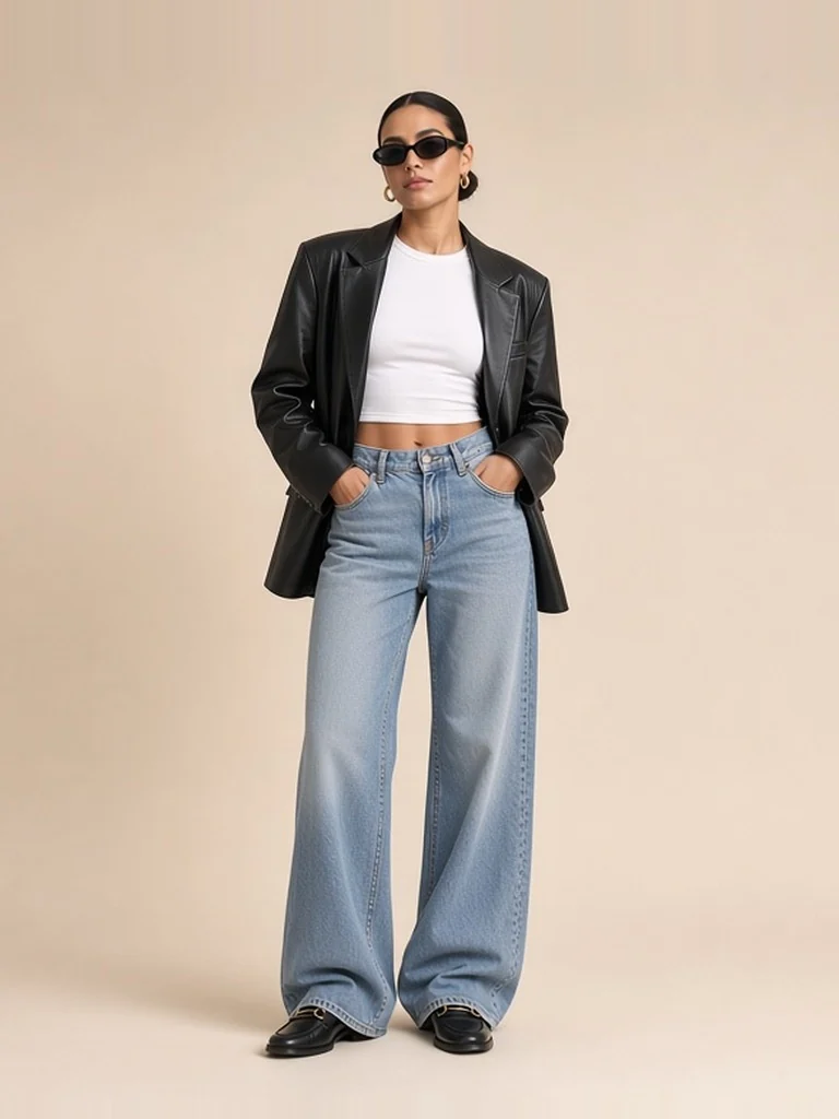 Women's leather blazer + baggy jeans outfit