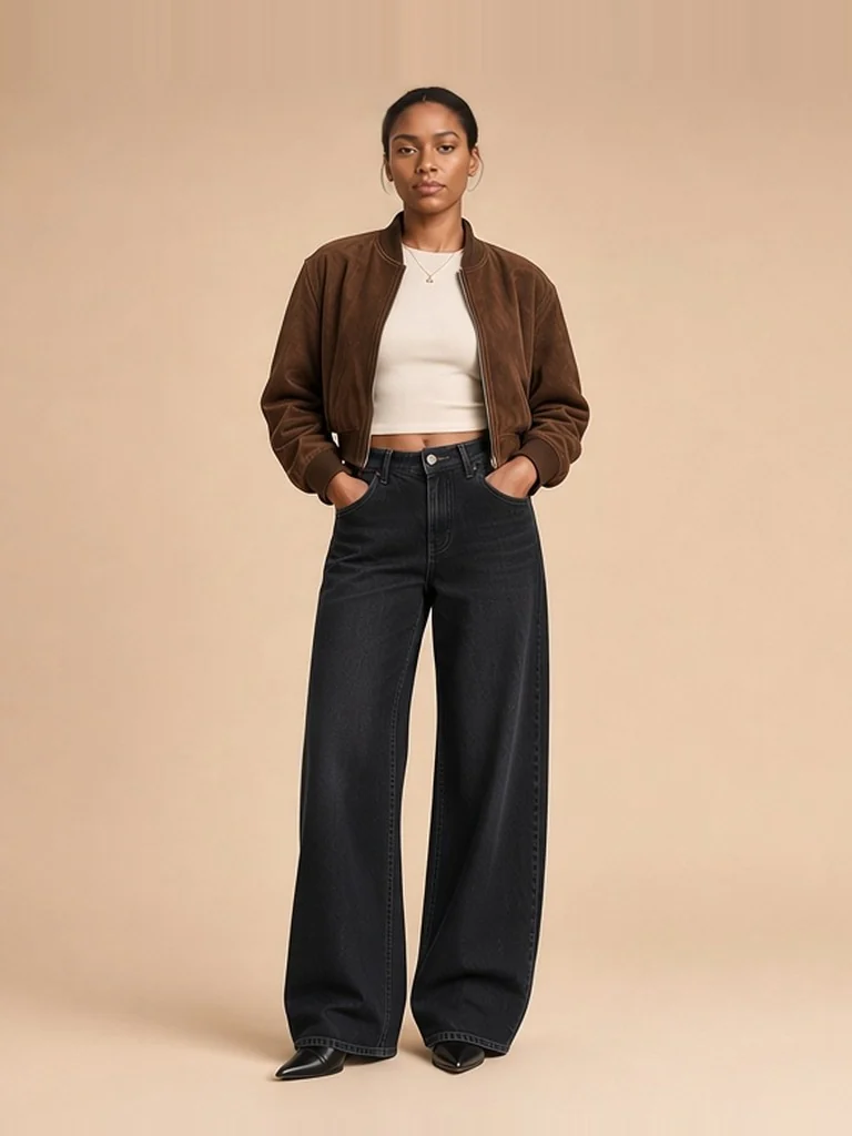 Women's suede bomber + black jeans outfit
